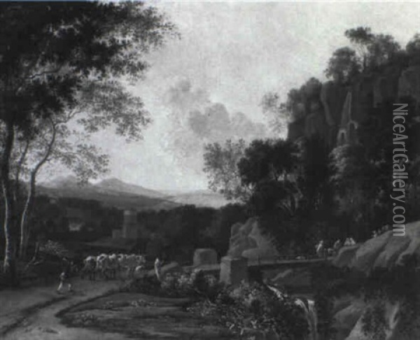 Cowherd And Cattle Near A Bridge Over A Torrent With Travellers Oil Painting - Arien Ocker
