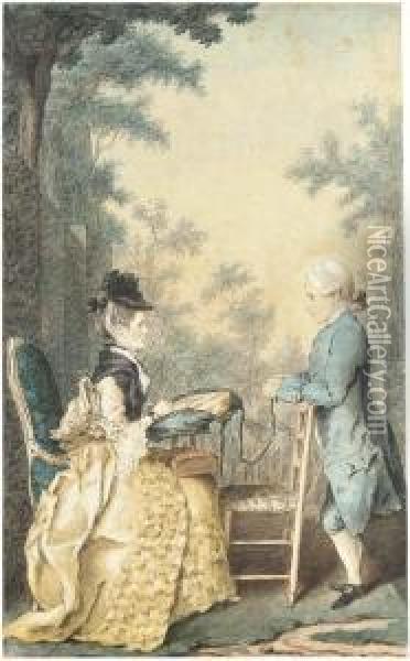 Femme Assise Cousant, Accompagnee D'un Jeune Garcon En Habitbleu Oil Painting - Louis Carrogis Carmontelle
