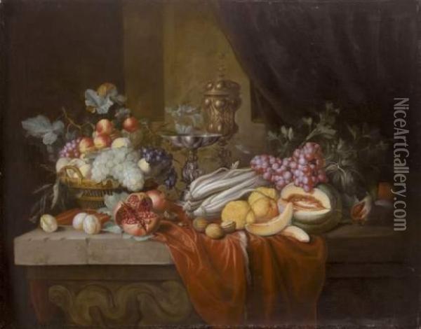 Nature Morte De Fruits, Legumes Et Pieces D'orfevrerie Sur Un Entablement De Pierre Oil Painting - Alexander Coosemans