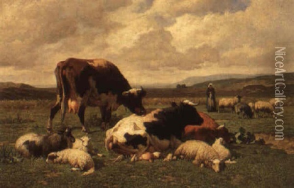 An Extensive Summer Landscape With Cows, Sheep And Goats Oil Painting - Louis Robbe