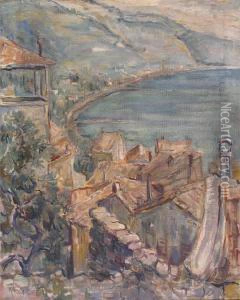 Coastal View Over Rooftops Oil Painting - Otto Reiniger