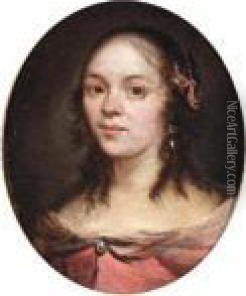 Portrait Of A Lady, Head And Shoulders, Wearing A Pink Dress Oil Painting - Gonzales Cocques