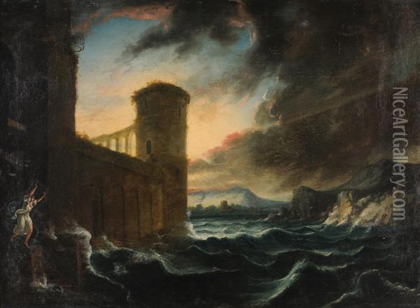 Marina Con Castello E Figura Oil Painting - Claude-joseph Vernet