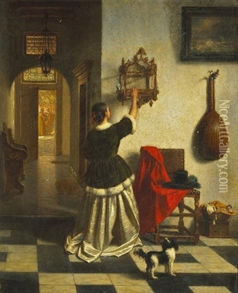 A Lady In An Interior Feeding Her Pet Bird Oil Painting - Gustaaf Antoon Francois Heyligers