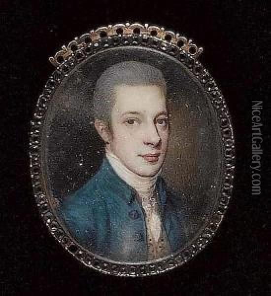 A Gentleman, Wearing Blue-green Coat, White Waistcoat With Floral Embroidery, White Lace Cravat And Powdered Hair. Oil Painting - James Scouler