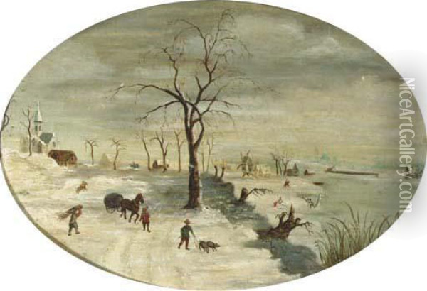 A Winter Landscape With Figures On The Ice Oil Painting - Gijsbrecht Leytens