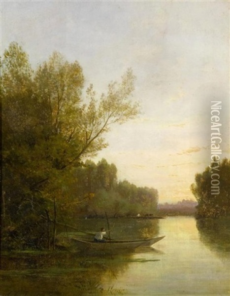 Weite Flusslandschaft Mit Einem Fischer Auf Seinem Boot Oil Painting - Jules Charles Rozier