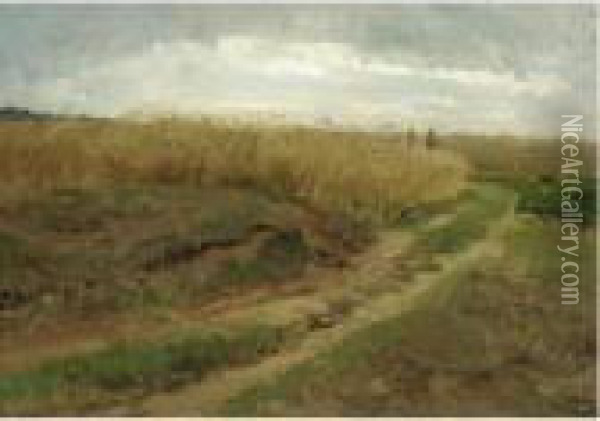 A Cornfield With Two Workers Walking Along A Path Oil Painting - Hugo Darnaut