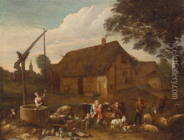 In A Farmyard Oil Painting - Egbert Lievensz van der Poel