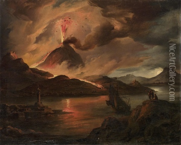 Die Bucht Von Neapel Bei Nacht Mit Dem Ausbrechenden Vesuv Oil Painting - Franz Dobiaschofsky