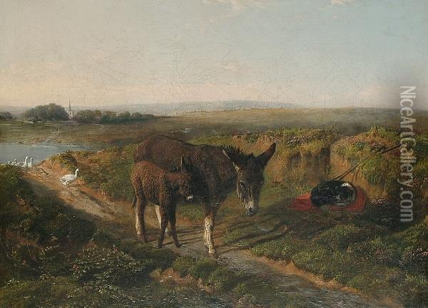 Donkeys On A Track, A Dog Resting Nearby Oil Painting - Friedrich Wilhelm Keyl