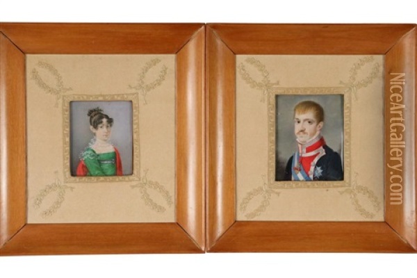 Pair Of Miniature Bust Portraits Of A Military Officer And His Wife Oil Painting - Jean (Juan) Bauzil