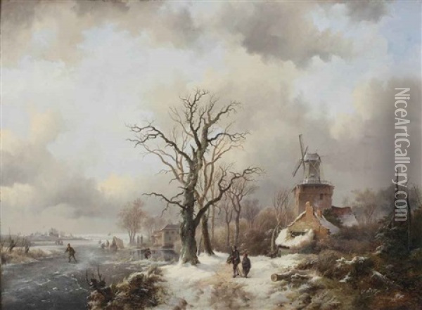 A Winter Landscape With Figures On A Snowy Path By A Windmill And Skaters On A Frozen Waterway Near A Koek En Zopie Oil Painting - Frederik Marinus Kruseman
