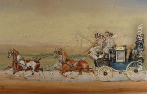 British Coach And Four With 
Ladies And Gentlemen Accompanied By Footmen, On The Way To The Races Oil Painting - Henry William Standing
