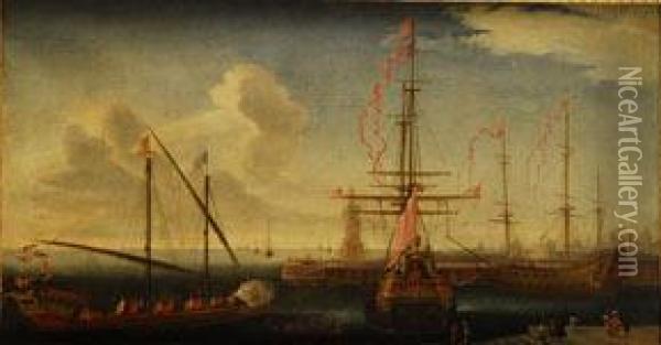 Vista Del Puerto De Messina Con Galeones Y Galera Oil Painting - Pierre Puget