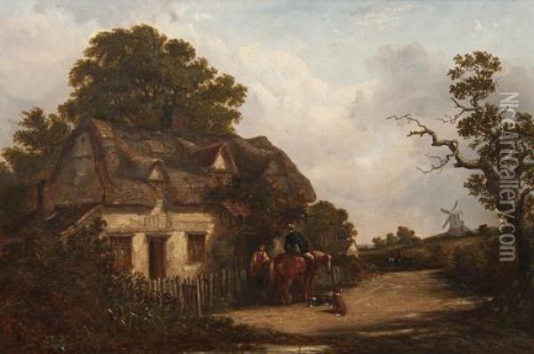 Figures In Conversation At A Cottage Gate, With Windmill Beyond Oil Painting - Thomas Smythe