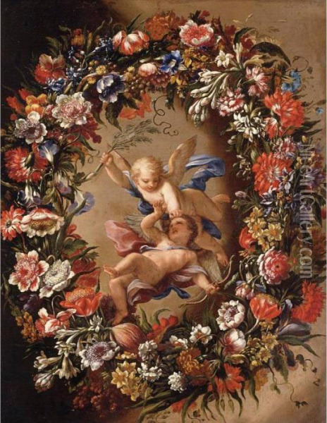 Putti Surrounded By A Garland Of Flowers Oil Painting - Giovanni Stanchi