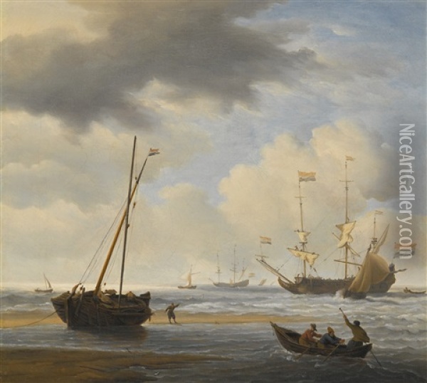 A Kaag Aground At Low Water In A Fresh Breeze, A Frigate Setting Sail Beyond Oil Painting - Willem van de Velde the Younger