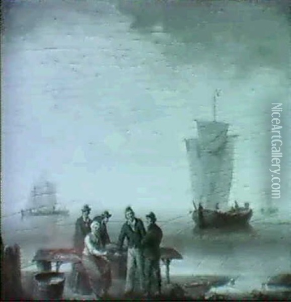 Fisherfolk Selling Their Catch By The Shore Oil Painting - William Anderson
