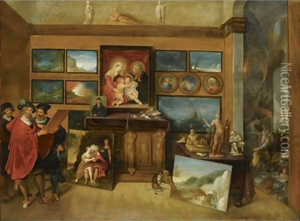 The Interior Of A Picture Gallery With Connoisseurs Admiring A Panel Painting Oil Painting - Frans the younger Francken