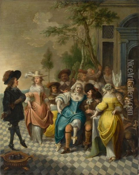 An Elegant Group, Dancing And Making Music On A Terrace Oil Painting - Hieronymous (Den Danser) Janssens