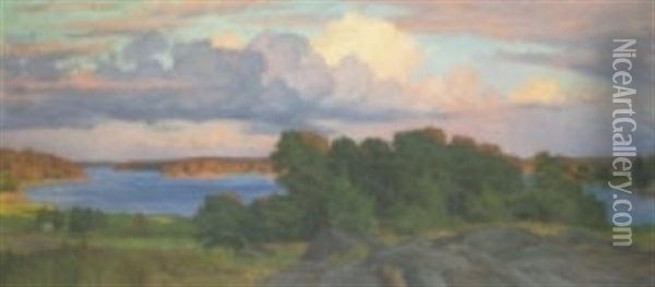 Sommarlandskap Med Insjo, Motiv Fran Hesselby Oil Painting - Gustaf-Oskar Bjoerk