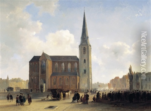 17de Eeuws Stadsgezicht Met Processie Oil Painting - Hendrik Frans (Henri) Schaefels