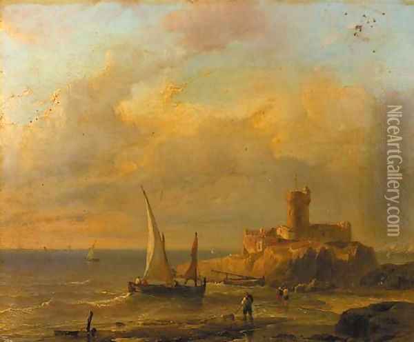 A coastal scene with fishermen, a fortress on a rocky outcrop in the background Oil Painting - Louis Meijer