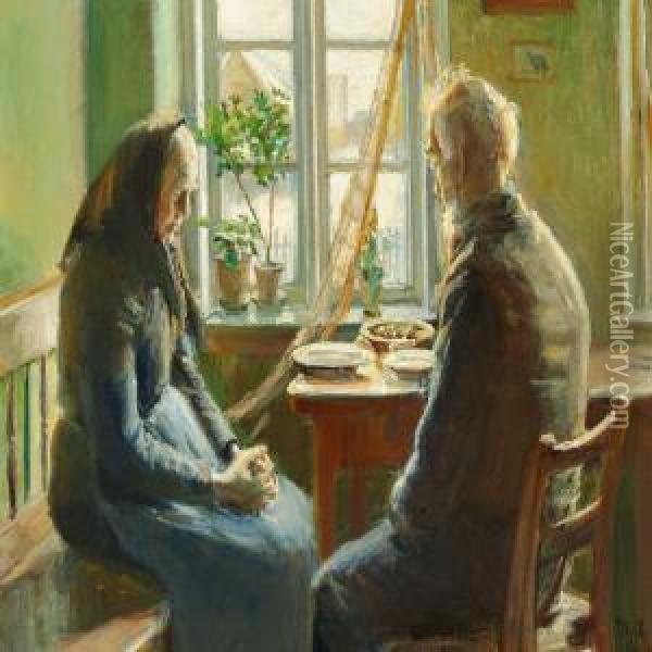 The Grace. A Fisherman And His Wife Are Saying Gracebefore The Meal. Oil Painting - Michael Ancher