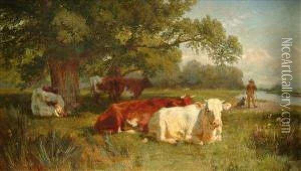 Cattle Restingbeneath A Tree, Beside A River Oil Painting - Charles Ii Collins