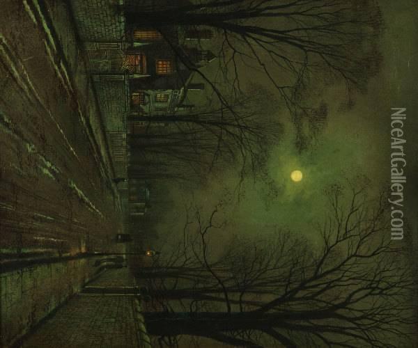 Attributed To John Atkinson Grimshaw . October's Full Moon On Village Street Oil Painting - John Atkinson Grimshaw
