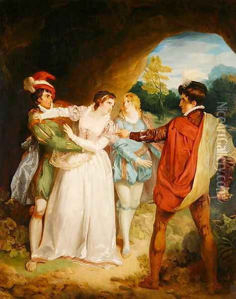 Valentine rescuing Silvia from Proteus, from William Shakespeares The Two Gentlemen of Verona, 1792 Oil Painting - Francis Wheatley