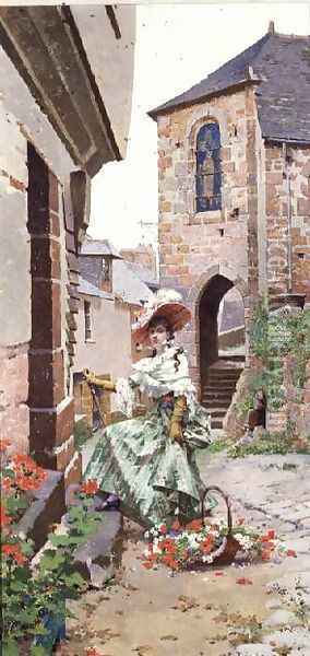 Parisian Woman with a basket of flowers Oil Painting - Edouard Toudouze