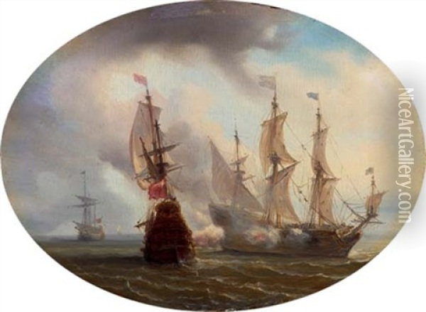 A Naval Engagement Oil Painting - Antoine Roux