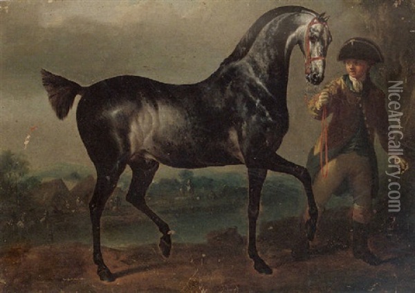 A Soldier Leading A Grey Stallion By The Reins Oil Painting - Johann Georg de Hamilton