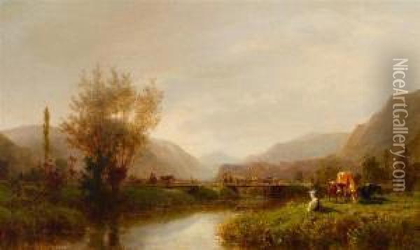 River Landscape With Cows And Goats Oil Painting - Karl Girardet