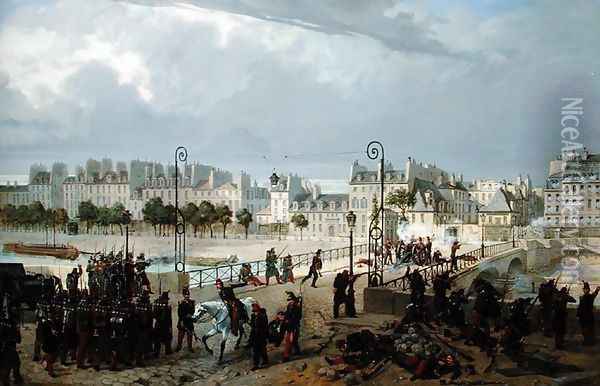 An Attack on a Barricade on the Pont de l'Archeveche, 184 Oil Painting - Philippe Marie Chaperon