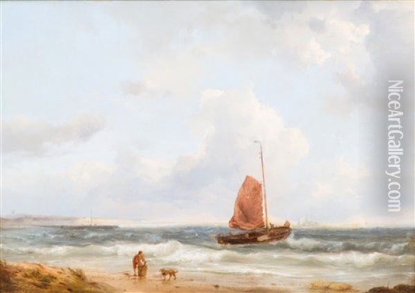 A Fishing Boat Going Out To Sea Oil Painting - Johannes Hermanus Koekkoek