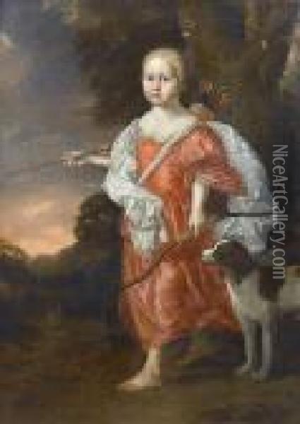 Portrait Of A Young Girl, 
Standing Full-length, Dressed As Diana The Huntress, A Dog At Her Side, 
In A Landscape Oil Painting - Gerard Soest
