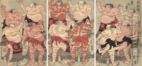 A Design Depicting Various Sumo Wrestlers Oil Painting - Utagawa Yoshiiku
