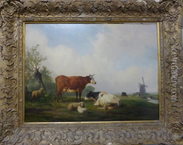 Cattle And Sheep At Rest, In A Landscape With A Windmill Beyond Oil Painting - Hendrik van de Sande Bakhuyzen