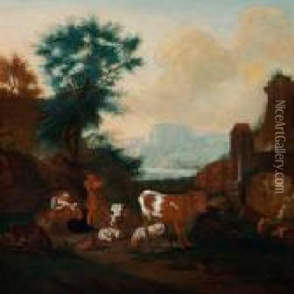 Herdsmen With Their Cattle In A River Landscape Oil Painting - Nicolaes Berchem