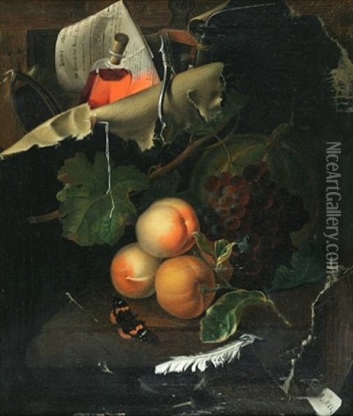 Still Life Of Fruit, A Butterfly, Tools And A Bottle Oil Painting - Michael Wentzel