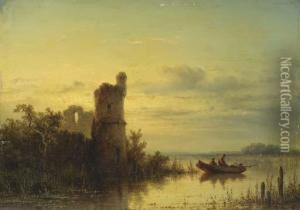 A Fishing Boat Near The Ruins Of A Castle At Dusk Oil Painting - Johannes Hilverdink