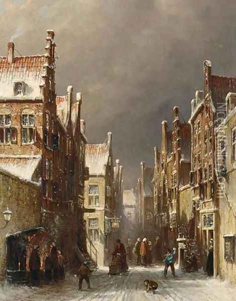 Figures in the Snow Covered Streets of a Dutch Town Oil Painting - Pieter Gerard Vertin