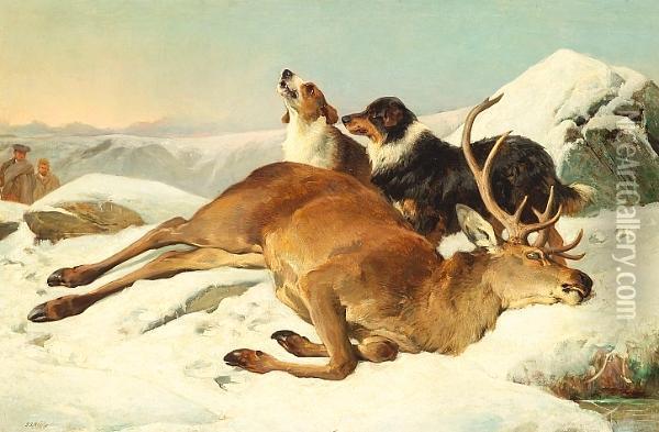 An Extensive Scottish Winter 
Landscape With A Dead Stag, Two Hounds And Figures Approaching Oil Painting - John Sargent Noble