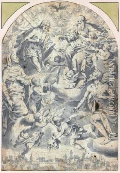 Deux Saints Intercedant Aupres De La Trinite Pour Une Cite Atteinte De La Peste Oil Painting - Giovanni Battista della Rovere