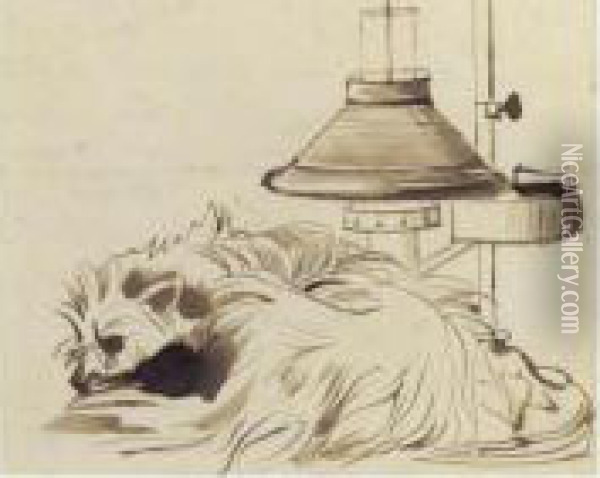 A Dog Asleep Beside A Reading Lamp Oil Painting - Daniel Maclise