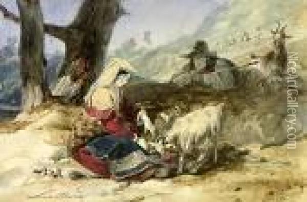 Scene Pastorale. Aquarelle Signee. 15 X 24 Cm Oil Painting - Louis Alphonse David