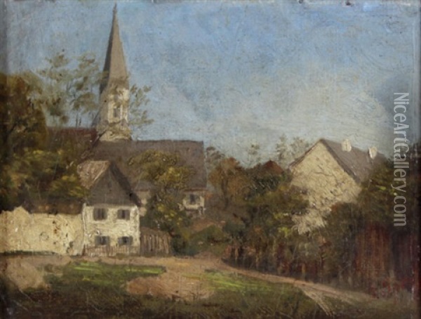 Hauser Und Garten Am Dorfrand Mit Blick Auf Den Kirchturm Oil Painting - Johann Sperl
